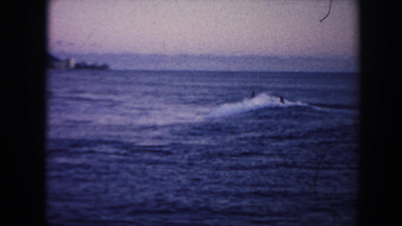 Surfer or swimmer in rolling ocean waves with distant shoreline at dusk.