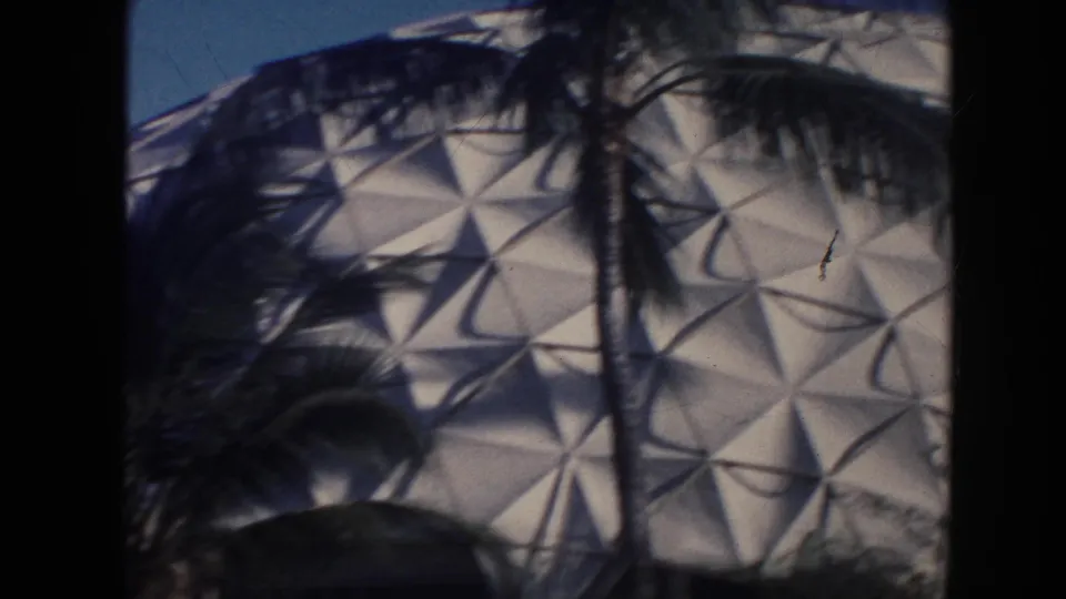 1961 Hawaii frame showing the curved edge of a white geometric dome partly covered by palm fronds and trees.