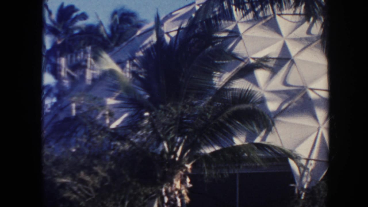 1961 Hawaii 8mm frame showing palm trees in front of the faceted Hilton Hawaiian Village dome exterior.