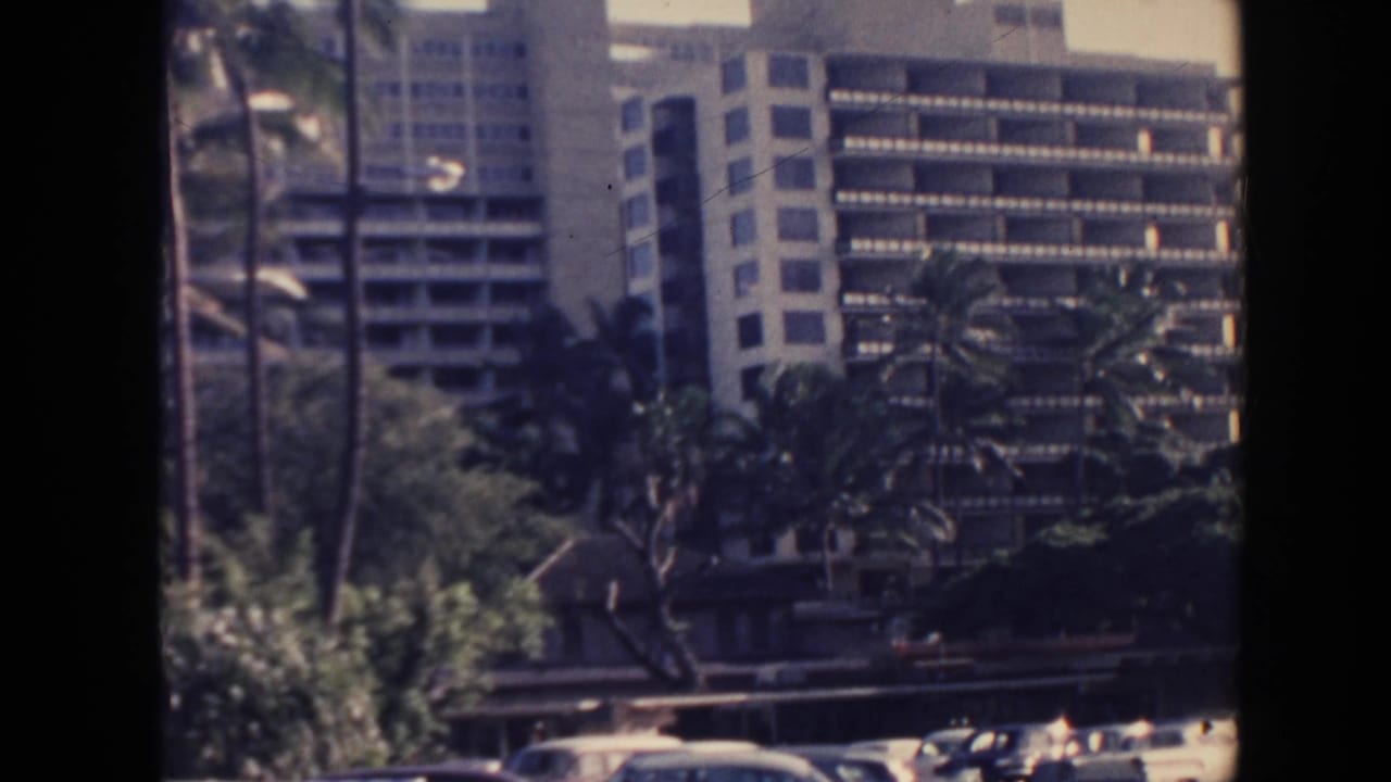 Hotel tower seen behind palm trees and foreground greenery.