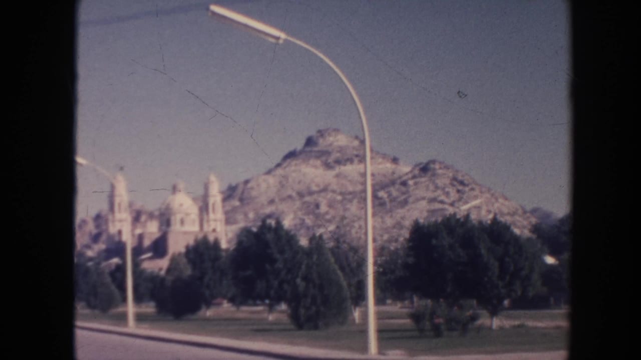 Distant mountain and twin-towered church-like building beyond trees and a curved streetlight.