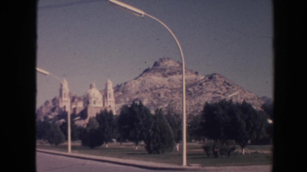 Mountain, domed twin-towered building, trees, lawn, and streetlights from a roadside angle.