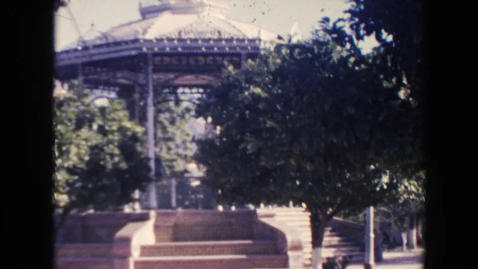 1961 Hawaii home-movie frame showing an ornate gazebo above curved steps, partly screened by trees and shrubs.
