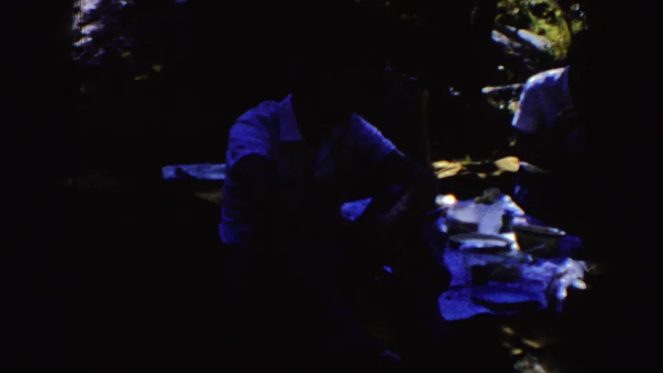 Deeply underexposed 1954 South Dakota home-movie frame showing people gathered around a shaded picnic table.
