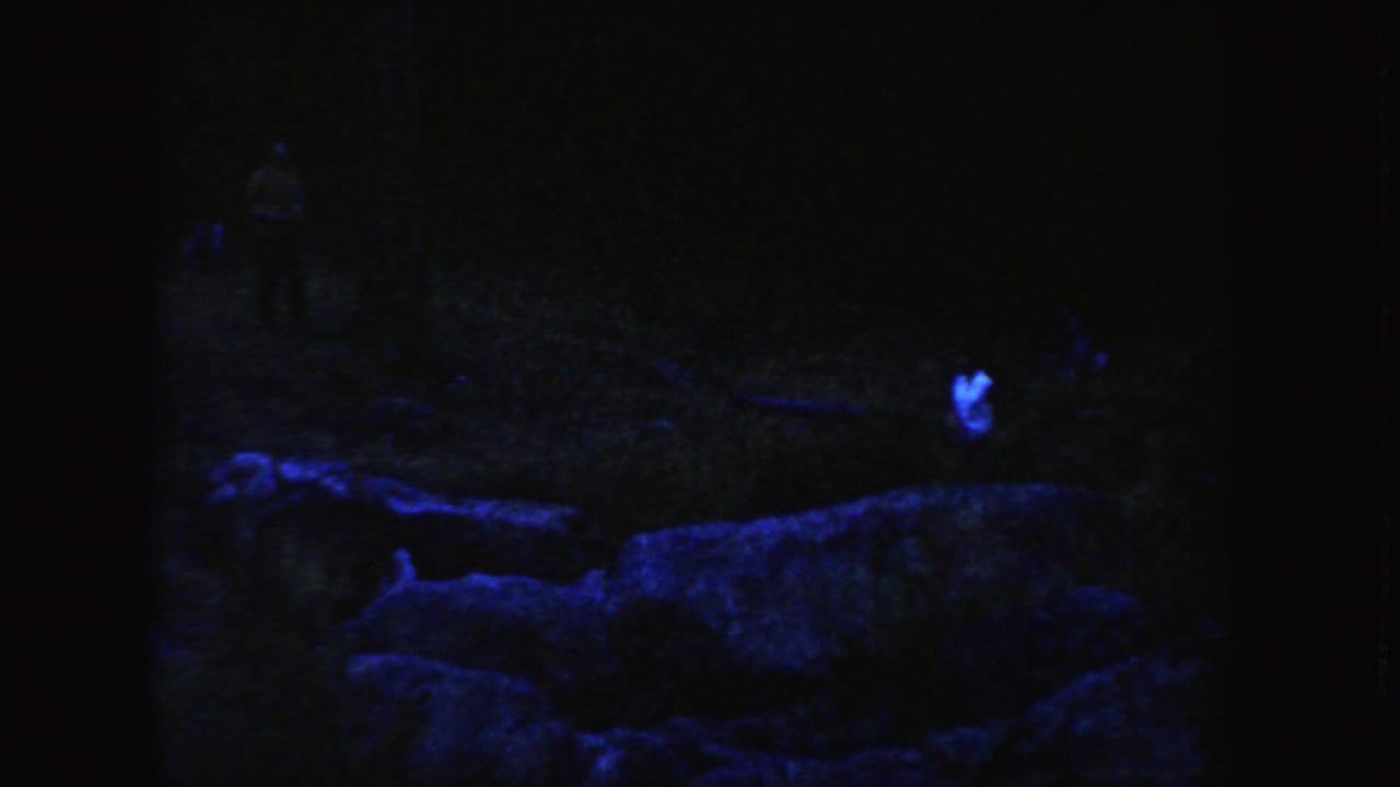Blue-purple 8mm frame from South Dakota in 1954, showing rocks, dark ground, and a light-shirted figure in the distance.