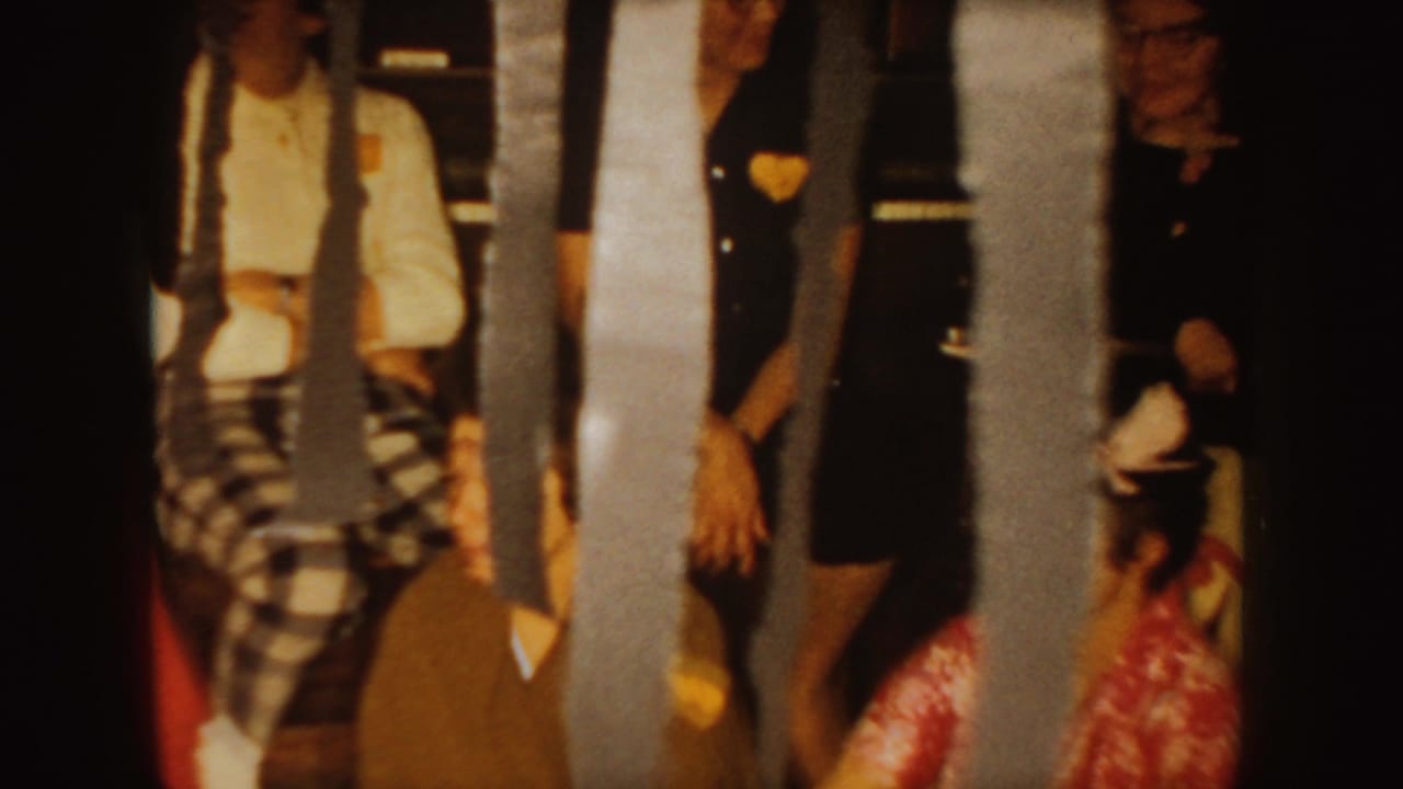 Adults seated indoors behind hanging streamers during a masked party.