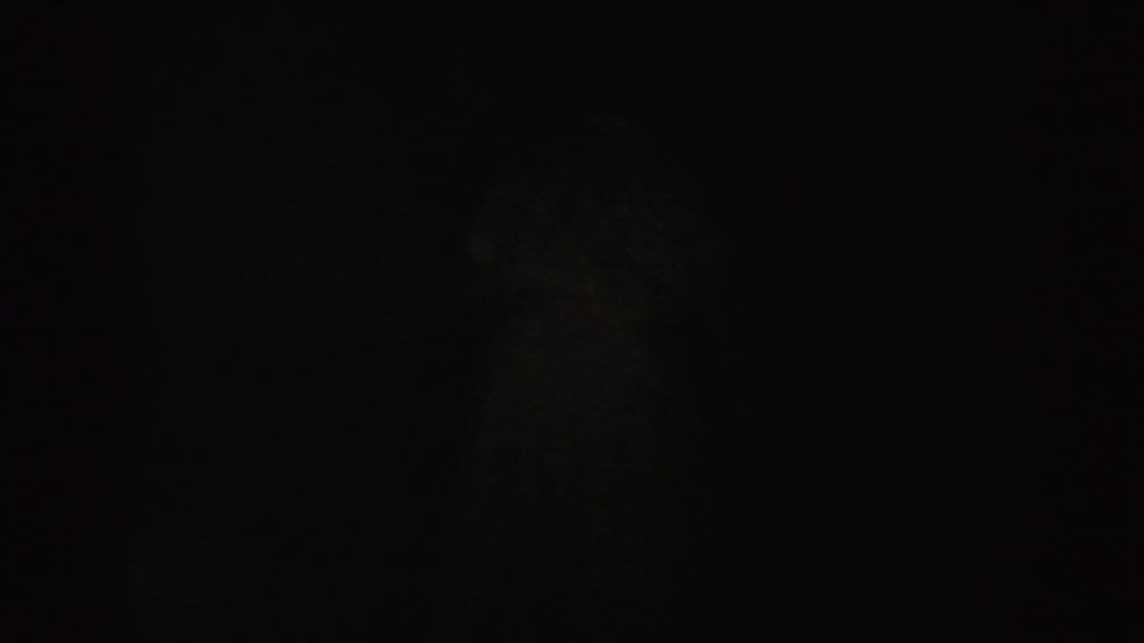 Underexposed 1954 South Dakota 8mm frame showing a mostly black interior with faint shadow texture and no identifiable person.