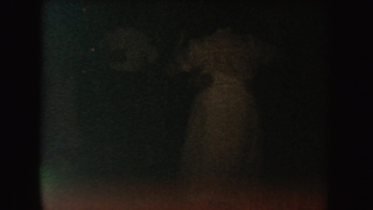 A dim side view of a person in a light garment crosses a dark 1954 South Dakota 8mm home-movie frame.