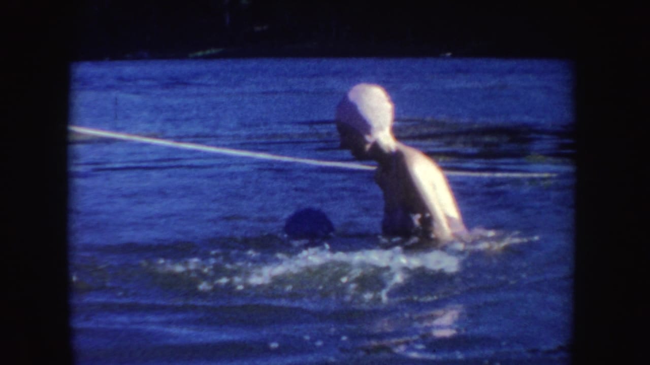 A woman in a white swim cap and bathing suit moves through the lake as another swimmer is partly submerged nearby.