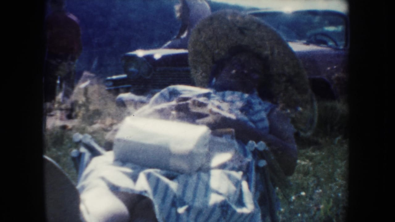 Woman in a large hat lying on a blanket in grass near a vintage car.