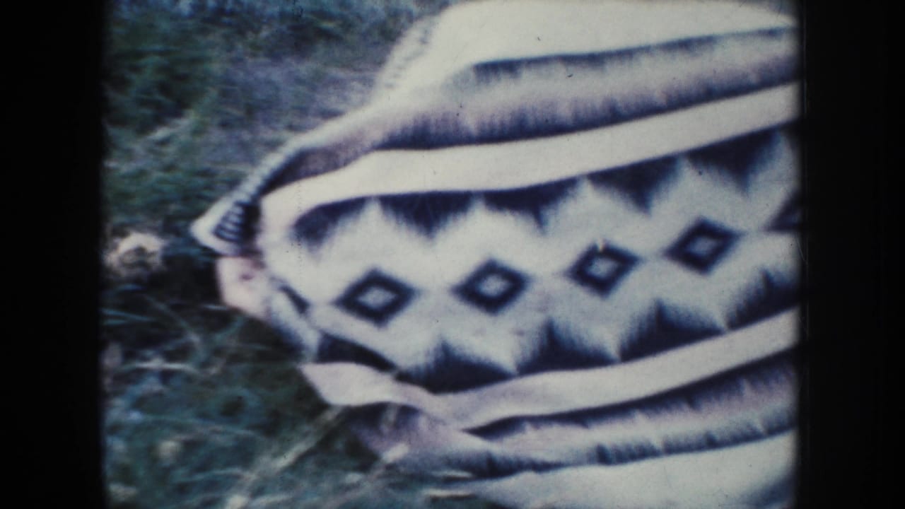 Close home-movie detail of a striped and diamond-patterned textile lying on grass, likely part of the outdoor resting setup.