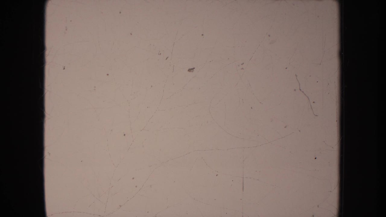 Mostly blank damaged 8mm frame with dark borders and visible dust.