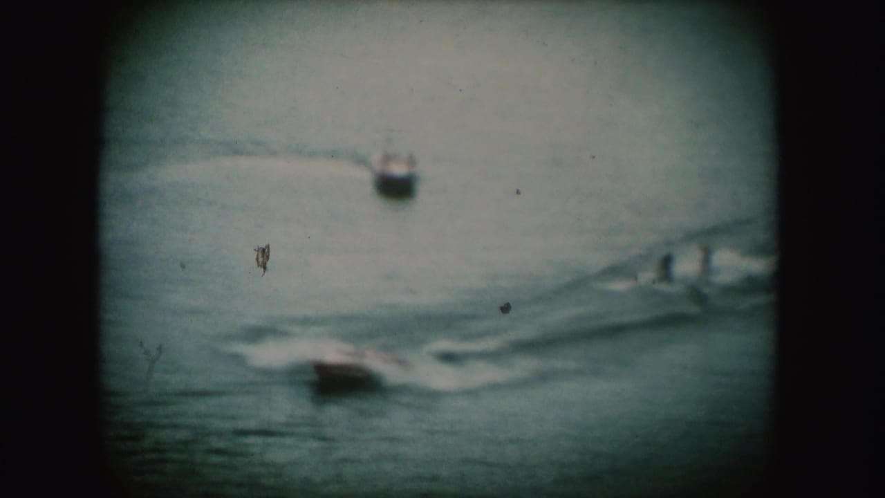 Two small boats move across open water, with a skier or rider visible in the wake.