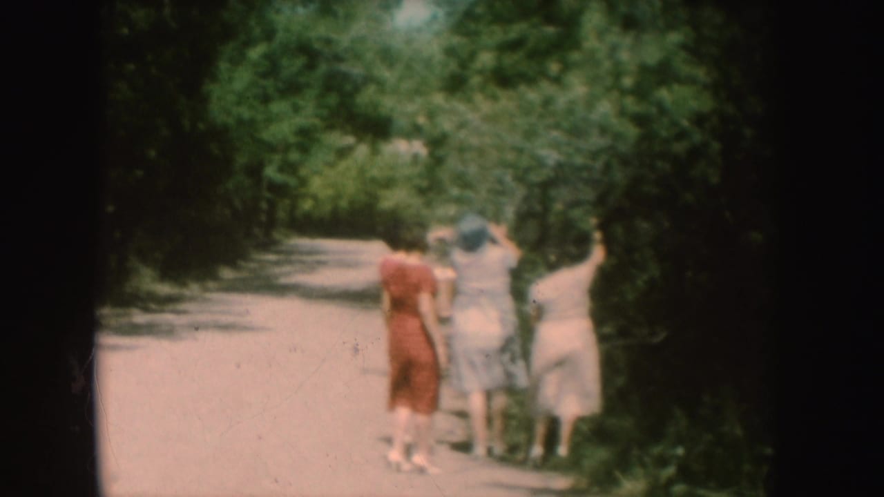 Three women in 1950s dresses walk away on a South Dakota dirt path bordered by dense green trees.