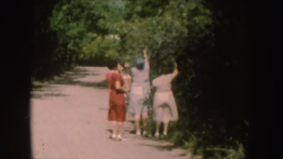 Women on a South Dakota path pause or walk as two reach toward overhanging foliage in a 1954 home-movie frame.