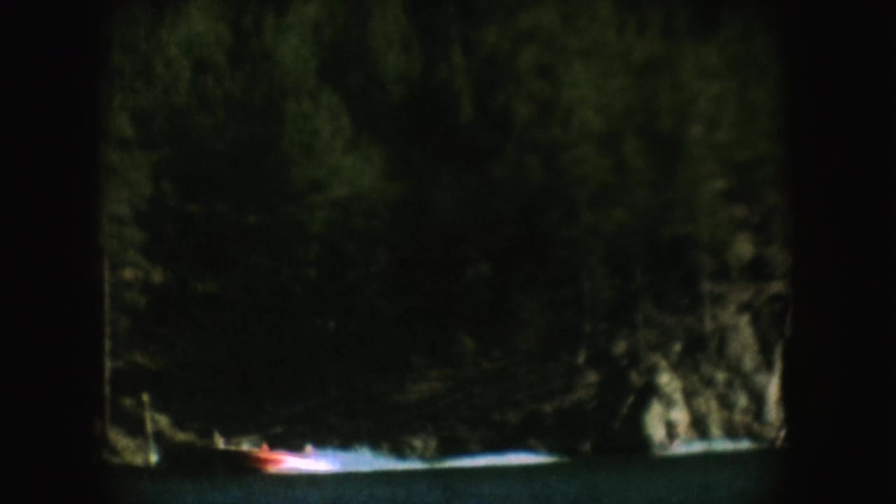 Small boat gliding near a dark wooded shoreline and pale rock face.