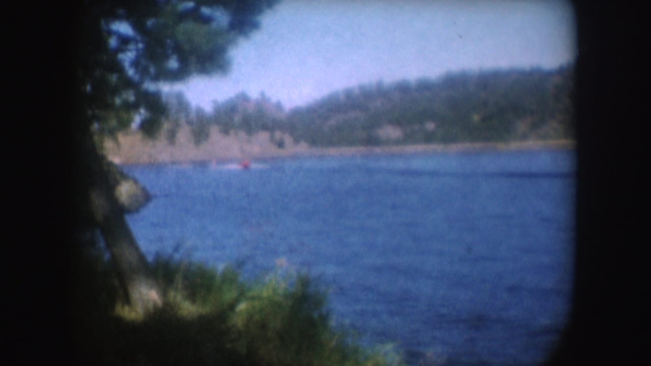 Distant red boat crosses a blue lake framed by dark tree branches and shoreline brush.