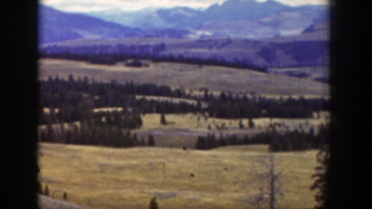 1939 Wyoming landscape frame showing rolling grassland, dark tree lines, and blue-purple mountains in soft 8mm color.