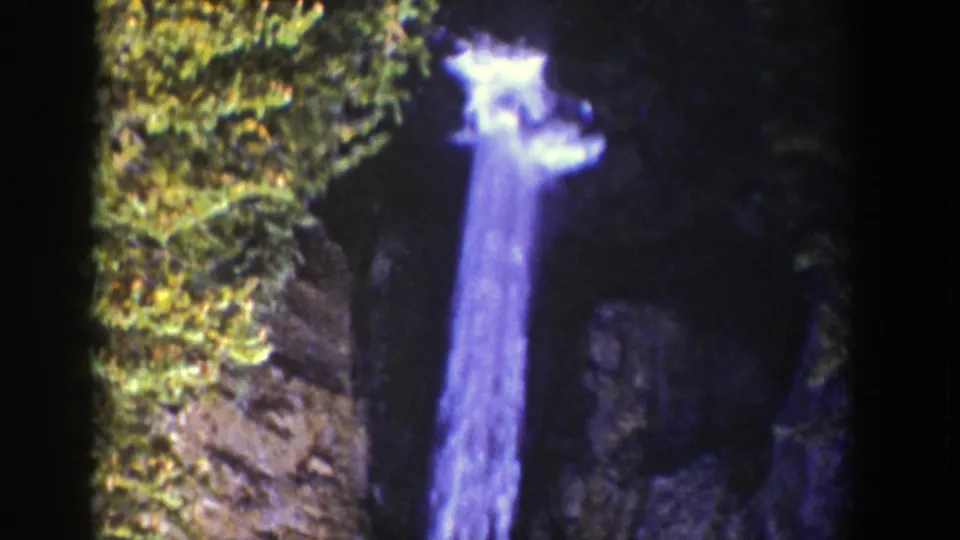 1939 home-movie frame from Wyoming showing bright falling water beside leafy growth and a dark rock face.