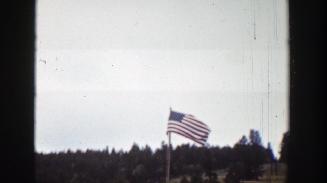American flag waving over a distant treeline with dark vertical framing at left.