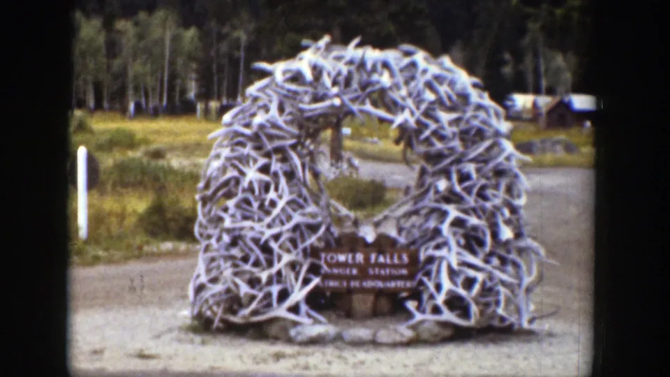 Tower Falls Ranger Station antler arch is shown more clearly beside a road in Wyoming, with its sign, forest, and roadside structures in view.