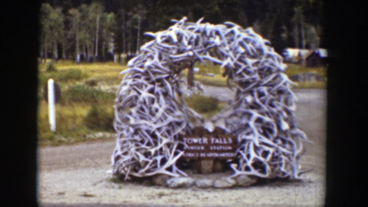 Antler arch over a Tower Falls Ranger Station sign beside a gravel road.