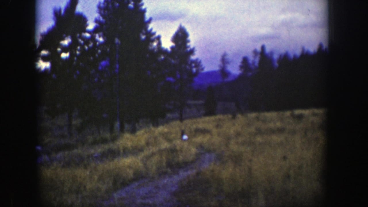 A 1939 Wyoming home-movie frame shows a deer near a path in open grass, backed by pines, hills, and twilight sky.