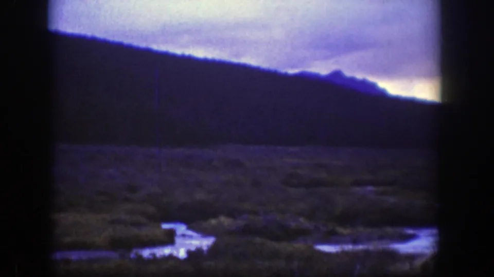 1939 Wyoming 8mm frame of a marsh or meadow crossed by a bright stream beneath a dark ridge and violet evening sky.