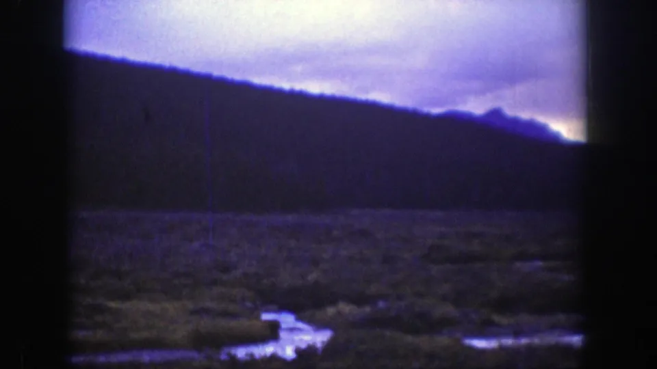 A 1939 Wyoming home-movie view shows wetland grass and a winding reflective stream with dark hills silhouetted at dusk.