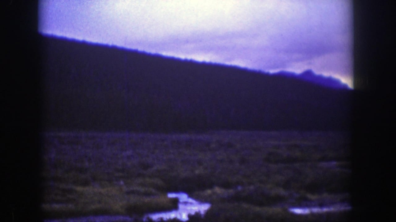 1939 Wyoming 8mm frame showing a dark ridge, open wetland, and pale sky with heavy gate edges and color shift.