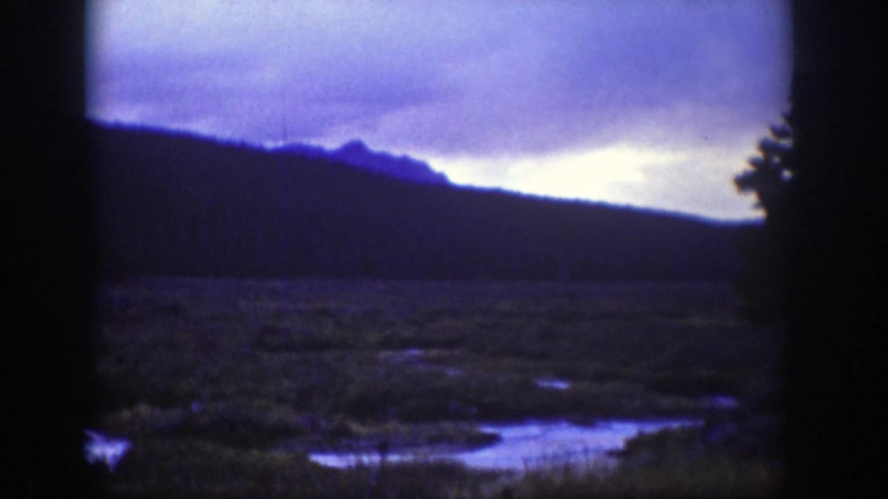 Mountain ridge, open meadow, and water channels under a pale sky.