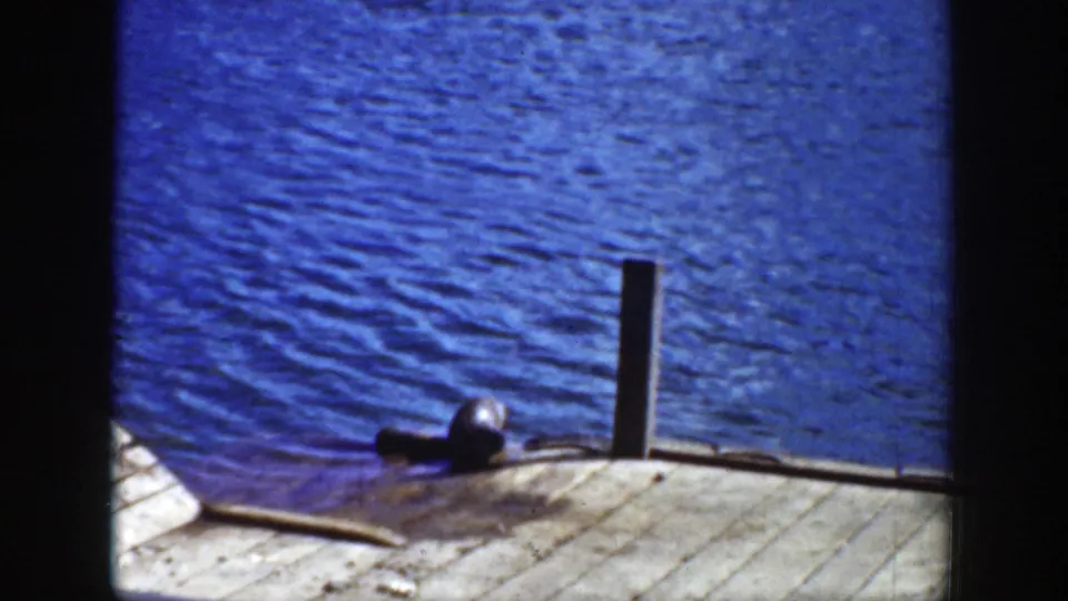 1939 Wyoming 8mm still with a sea lion stretched on the dock and saturated blue lake water beyond.