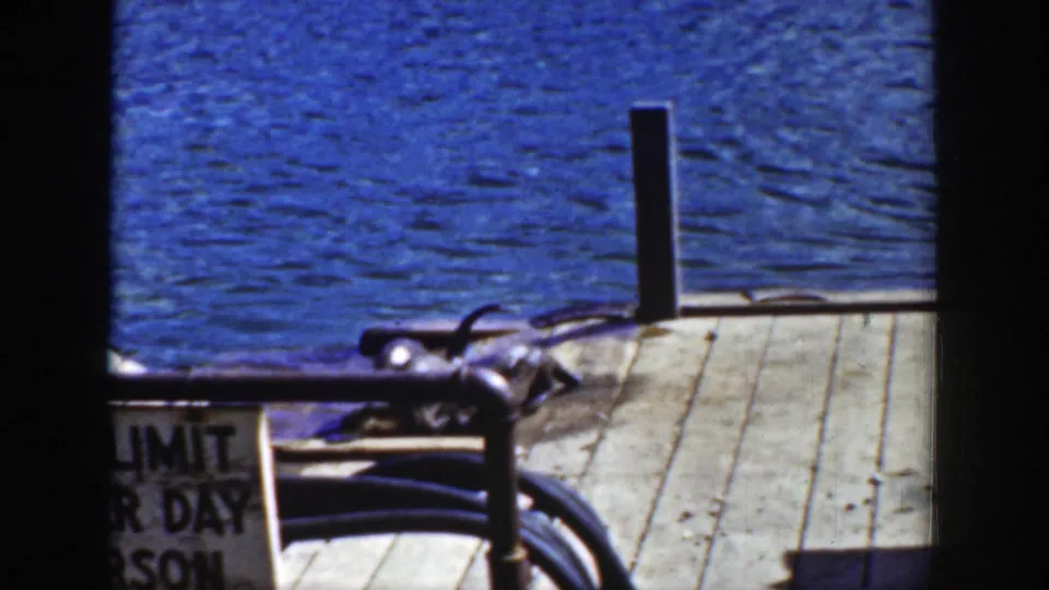 A wet animal sprawls and turns on the dock near the rail, with bright water behind it in the 1939 Wyoming footage.