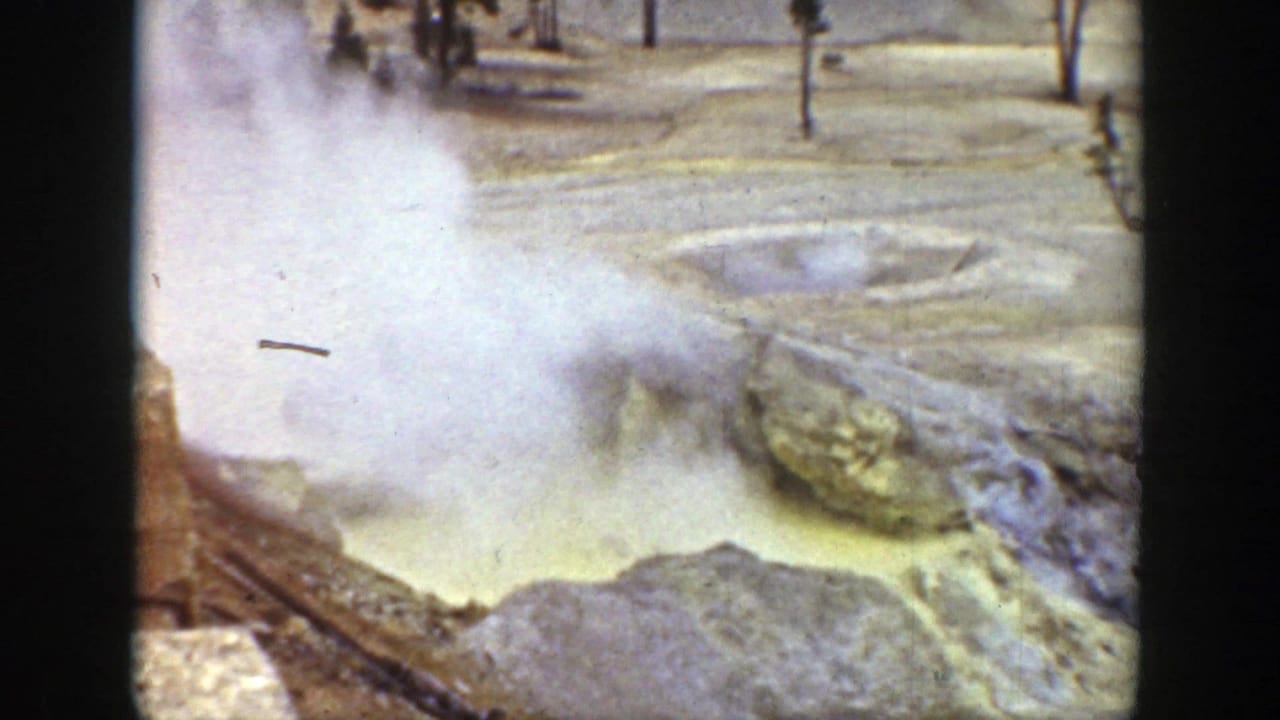 Steam rises from a pale mineral pool beside rocky ground and sparse trees.