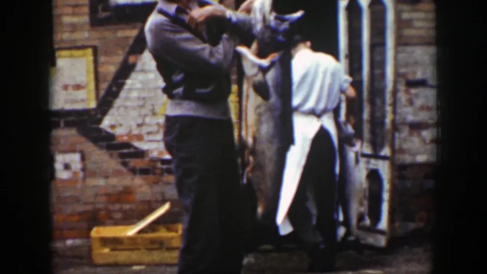Adults in 1939 Wyoming gather around a large fish outside a brick building, with a wooden crate visible on the ground.
