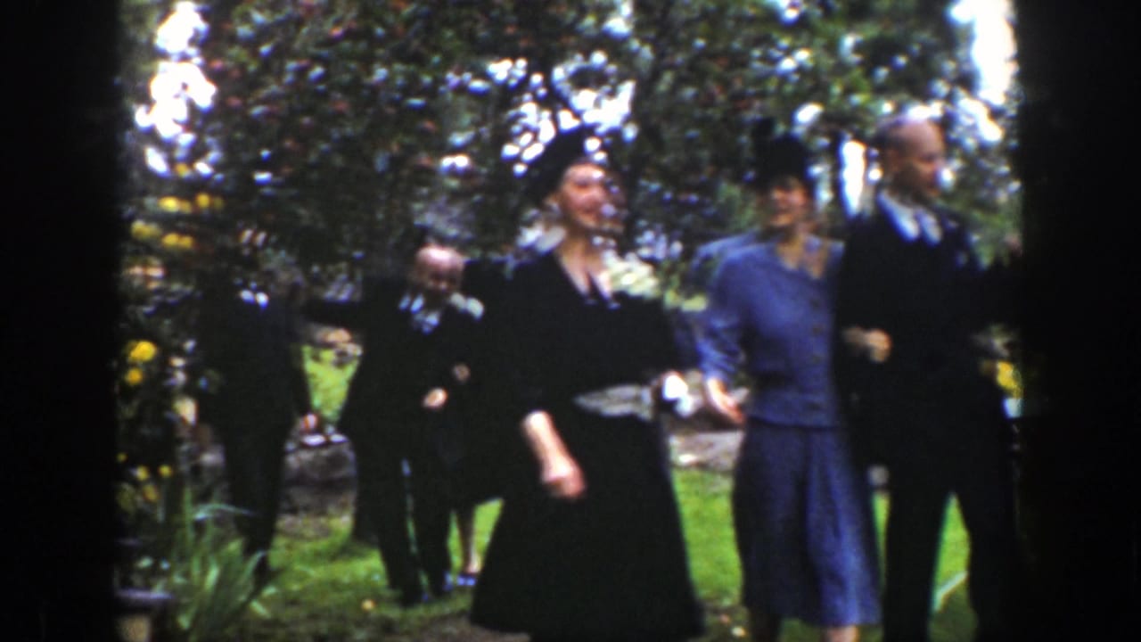 A woman in a dark dress walks near another woman and a man in a suit among trees.