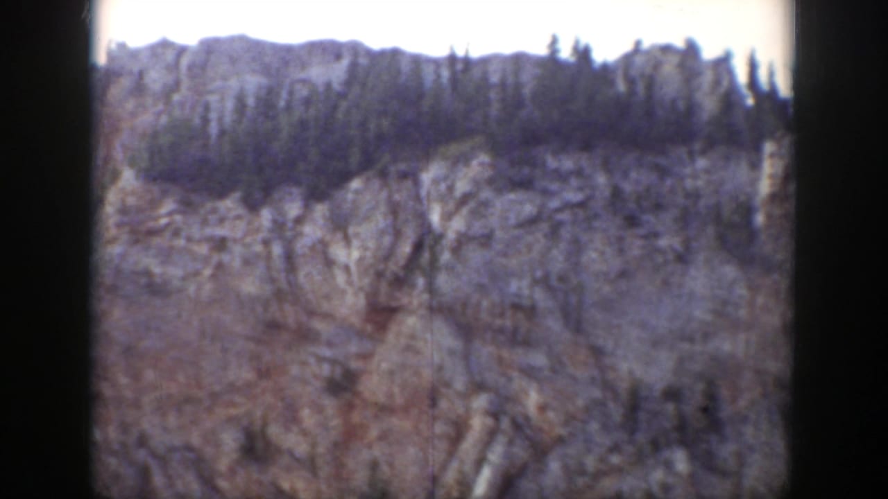 Tree-lined rocky cliff under bright sky, framed by dark film edges.