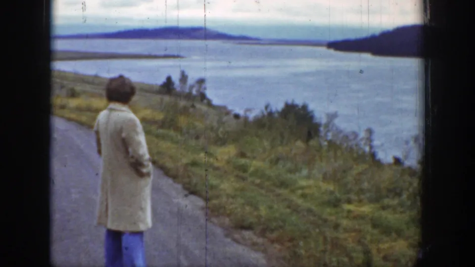 The woman turns away from the camera to look across the water, her tan coat and blue trousers visible beside the road.