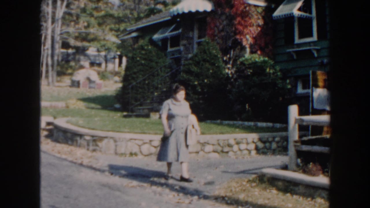 Woman stands near a stone ledge with a green house and wooden fence nearby.