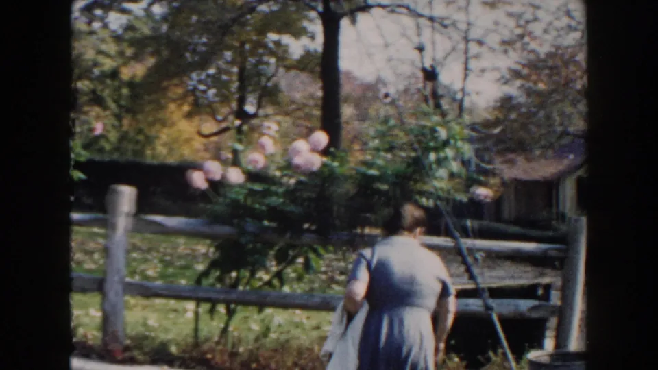 In 1960 Miami home-movie footage, a woman in a blue dress moves near pink roses, a wooden fence, grass, and trees.