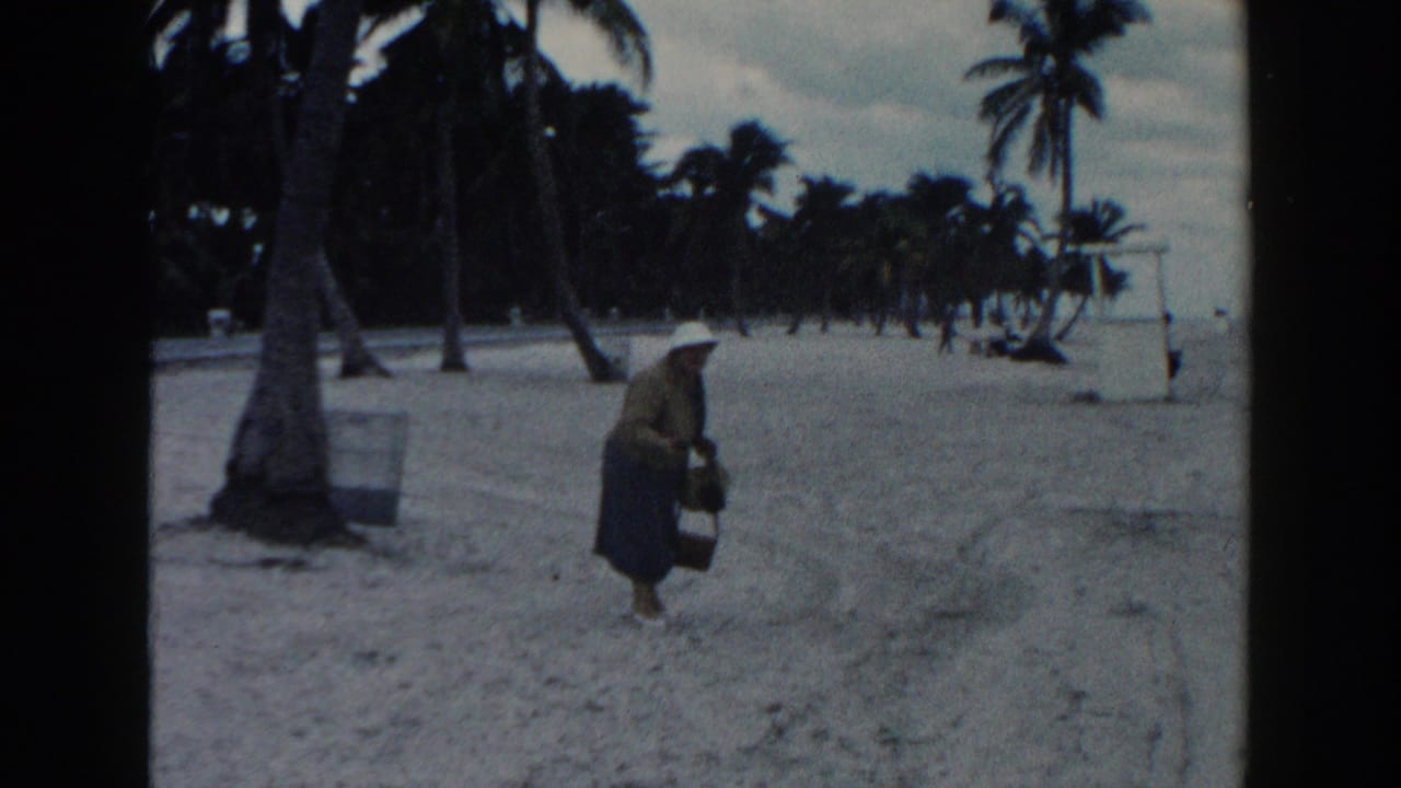 In the final Miami beach frame, the woman bends to pick up an object on the sand while palms and distant beachgoers line the shore.