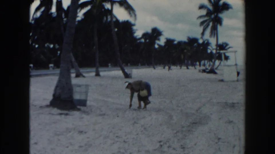 1960 Miami beach frame showing a woman near the sand, palm trees, a small beach hut and muted overcast sky.