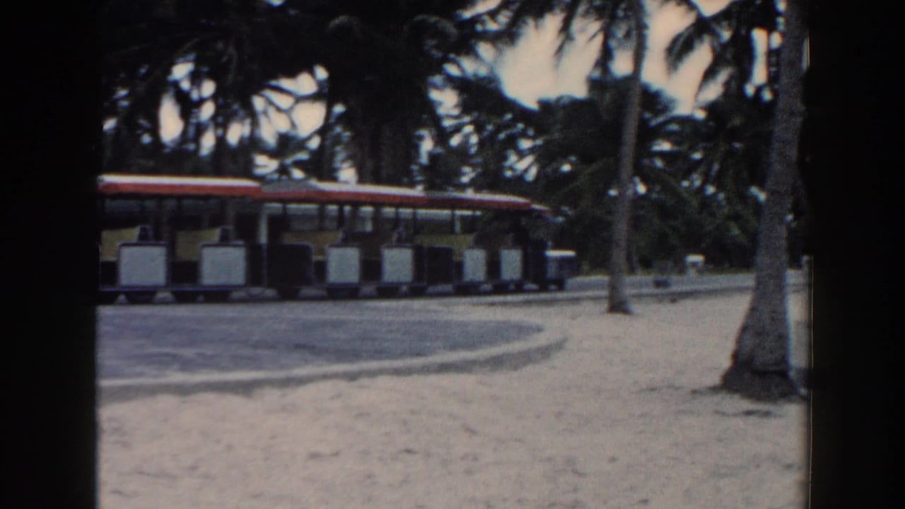 1960 Miami resort footage showing a small open-air tram moving along a paved path through palm-lined sandy grounds.