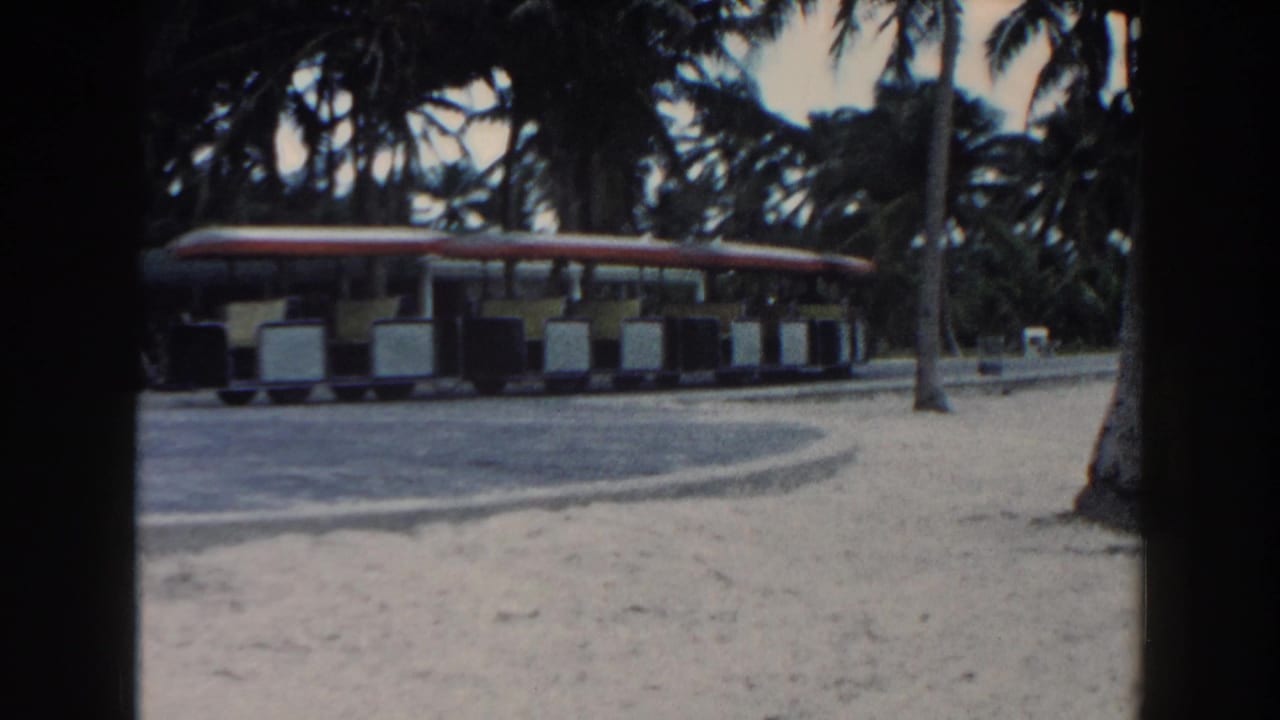 Open-air resort tram continues along a path with palms and sand nearby.