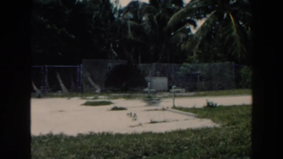1960 Miami view of a cleared sandy plot with chain-link fencing, palm trees, grass patches, and visible concrete foundations.