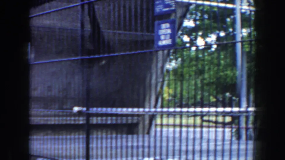 1960 Miami zoo footage frame looking through tall cage bars toward blue enclosure signs, concrete wall, and greenery.