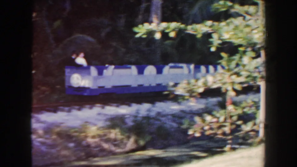 The amusement park train continues through dense greenery, partly hidden by branches and shadow in the 8mm home-movie frame.