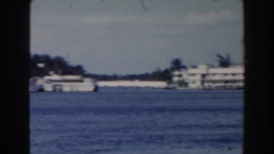The final frame shows a low waterfront building across Miami water, with palm trees and shoreline structures under a pale sky.