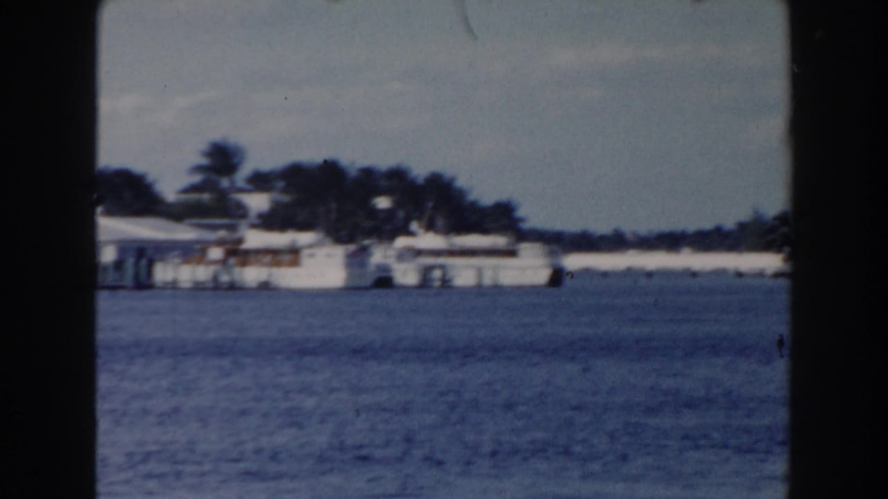 1960 Miami home-movie frame showing blue water, white waterfront buildings, palm trees, and a bright open sky.