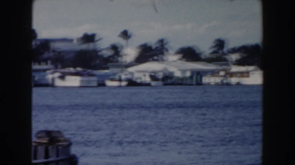 1960 Miami waterfront view with low white buildings, palms, rippled blue water, and a small boat partly visible in the foreground.